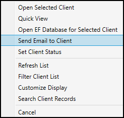 Image of "Send email to client" option in the right-click menu in the PCM